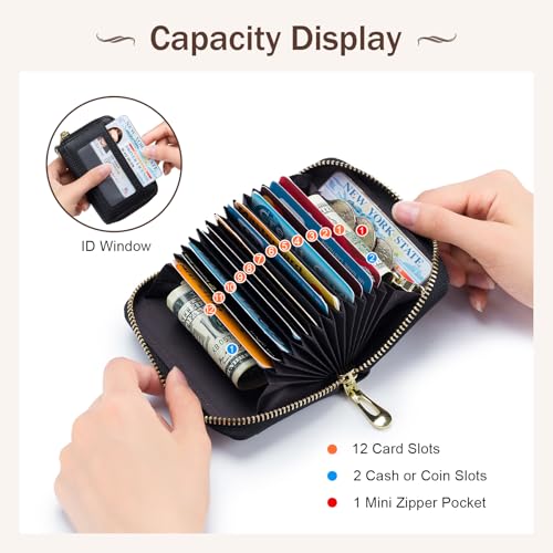 imeetu Rfid Credit Card Holder, Businese Card Case, Wallet for Women Men | Genuine Leather Card Wallet with id Window, Keychain & Double Zipper, Water-resistan Small Wallet with Gift Box, Daily Travel - color: Pro - Black
