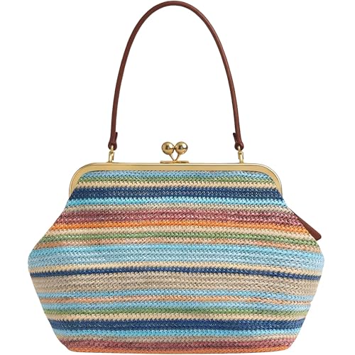 Kiss Lock Frame Handbag, PU Leather Shoulder Tote Bag Messenger Hobo Clutch Purse for Women Formal Work Leisure - color: Straw Colorful