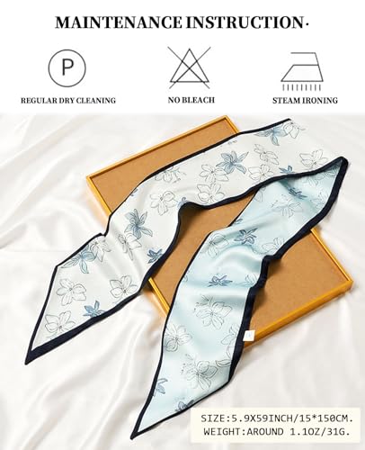 Head Scarf Purse Handle Neck Satin Hair Scarfs For Bag Lightweight Silky Long Thin Women's Fashion Scarves 59 * 5.9” - color: H21-light Blue Flowers(59*5.9inch)