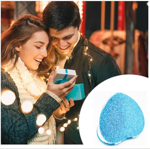 Cute Heart Shaped Compact Mirror for Purse,Blue Travel Mirror with Glitter,Leather Small Pocket Mirror,Portable 2 x 1x Magnification Folding Makeup Mirror,Cosmetic Mirror for Gift - color: Blue-heart Shape