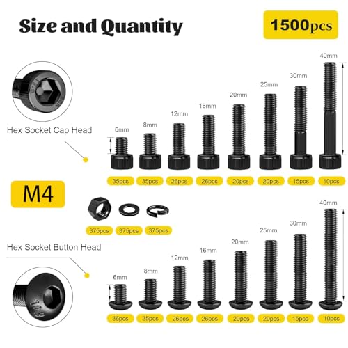 1500PCS M4 Hex Socket Cap Head & Button Head Screws and Nuts Kit | M4-0.7*4/6/8/12/16/20/25/30/35 mm Bolts,Nuts and Washers Assortment Kit, 12.9 & 10.9 Grade Black Zinc Plated for 3D Printer - size: M4 1500pcs