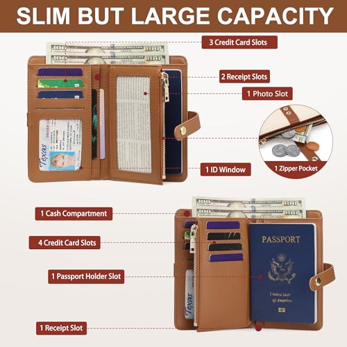 Small Wallet Women RFID Blocking Vegan Leather Slim Thin Bifold Credit Card Wallet Passport Holder Ladies Travel Wallet Mini Purse with Zipper Pocket - color: Beige Brown