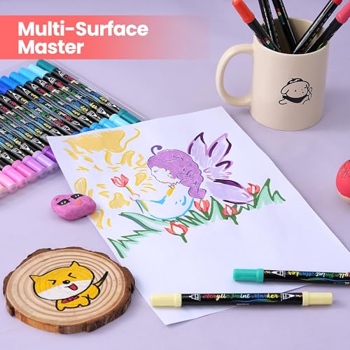 48 Colors Acrylic Paint Markers,Dual Tip Acrylic Markers with Fine Tip and Brush Tip Contain 12 Metallic Colors for Rock Painting,Egg,Wood,Glass,Canvas,Fabric,Ceramic,Crafts,Art Supplies - color: 48 Colors
