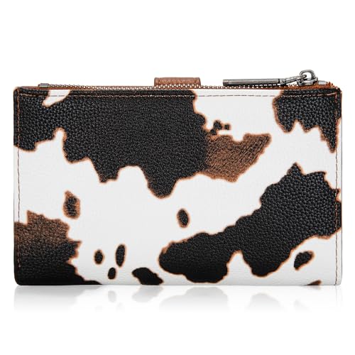 Wrangler Wallet for Women Bifold Card Holder with Zipper and ID Window - color: Cow Print - Brown