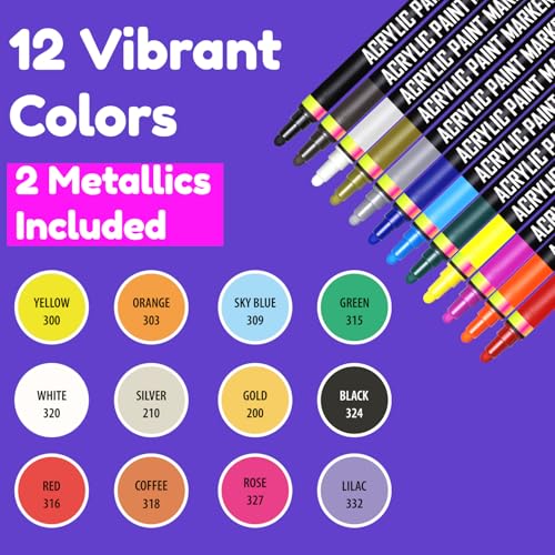 CHALKY CROWN Dual Tip Acrylic Paint Markers - Assorted - 12 Pack | Dual Fine & Dot Tip Markers for Rock Painting, Fabric & Glass - Water-Based Permanent Ink - Vibrant Assorted Colors - style: 6mm - 12 Pack