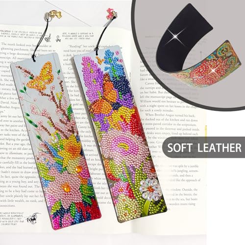 4 Pcs LINGFANG Diamond Painting Bookmark, Leather DIY Book Makers for Adults Book Lovers, Diamond Art Beginners, Small Diamond Art Kits, Art Crafts Supplies Gift for Girls (Flower Butterfly) - color: Four Flower