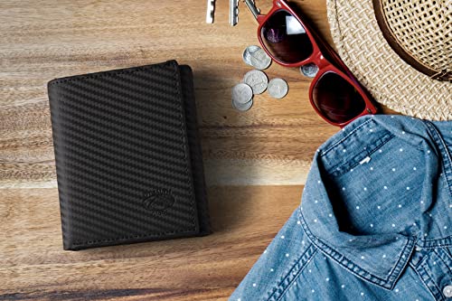 Stealth Mode Trifold Wallet for Men RFID Blocking – Genuine Napa Leather Extra Capacity Mens Wallet, 11 Card Slots, 3 ID Windows, Flip Out ID Holder, Large Tri Fold Leather Wallet for Men - Gift Ready - color: Carbon Fiber