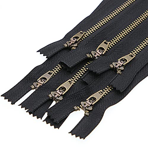 Leekayer 3# 17 cm Metal Zipper for Jeans Antique Brass Zipper 7 inch Close End Jeans Zippers 6pcs,(Black-Brass) - color: Black tape-Brass teeth, size: 7"