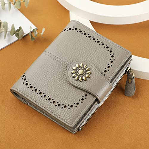 Womens Leather Wallet Small Compact RFID Blocking Credit Card Case Purse with Zipper Pocket | Small - color: Pebbled Gray