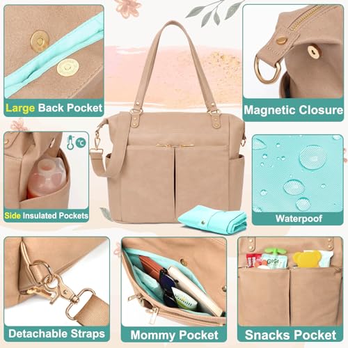 MOMINSIDE Diaper Bag Tote Convertible Diaper Bag Backpack Tote Leather | 4 in 1 Baby Bag Hospital bag 13 Pockets Travel Diaper Tote Pañaleras Para Bebe with Changing Pad for Mom & Dad(Camel) - color: Camel