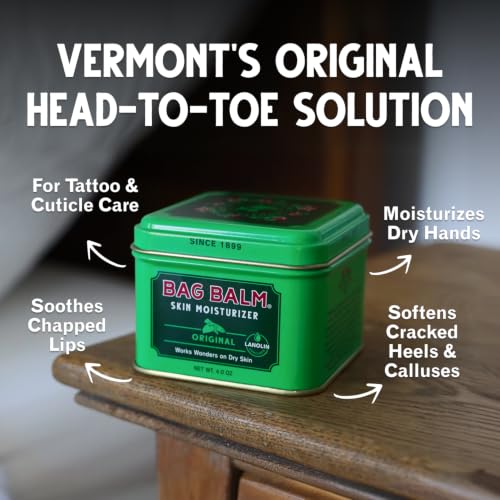 Bag Balm Vermont's Original Skin Moisturizer - Full Body Hydrating Skin Care: Dry Hands, Lips, Face, Feet & More - Unscented, Cruelty & Paraben Free - Day & Night, Men & Women (4oz Tin, Made in USA) | camping-soaps-and-shampoos - size: 4 Ounce (Pack of 1)