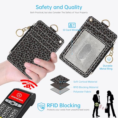 2-in-1 ID Badge Holder & Lanyard Wallet，Zippered Pouch Dark Leopard Print | for Teachers,Nurse,Professionals，Removable Wristlet & Neck Lanyard,5 Card Slots Stylish Work Essential - color: Dark Leopard Print