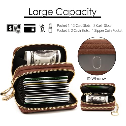 imeetu Rfid Credit Card Holder, Businese Card Case, Wallet for Women Men | Genuine Leather Card Wallet with id Window, Keychain & Double Zipper, Water-resistan Small Wallet with Gift Box, Daily Travel - color: Max - Brown