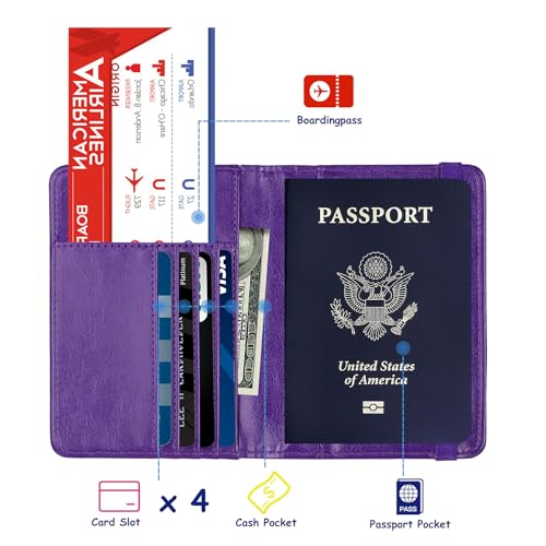 TOURSUIT RFID Blocking Passport Holder, Leather Travel Wallet, Purple - color: Purple