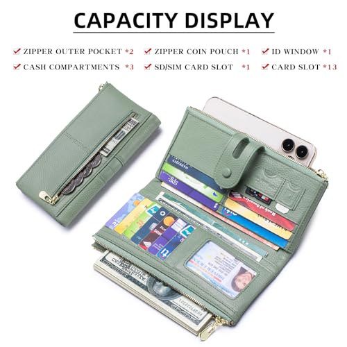 Large Capacity Wallets for Women Soft Leather RFID Blocking Long Wallet Ladies Bifold Clutch Purse Credit Card Holder with Double Zipper Pocket ID Window,Green - color: Green
