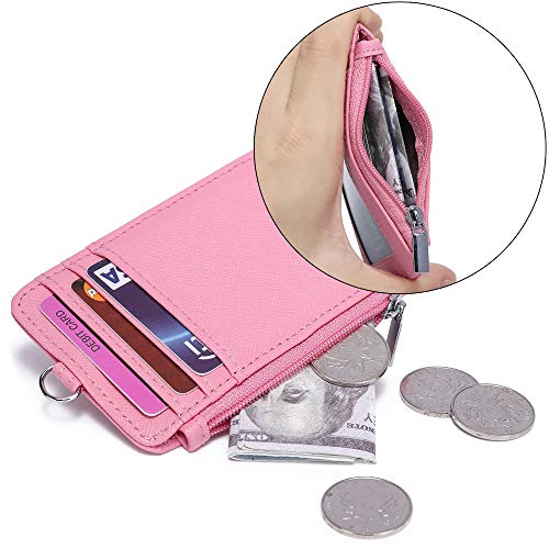 ID Badge Holder with Neck Lanyard PU Leather ID Badge Wallet Case with 1 ID Window, 4 Card Slots, 1 Side Zipper Pocket (Pink) - color: Pink