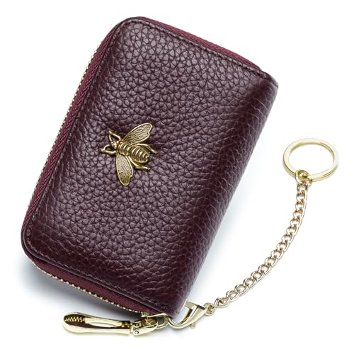 imeetu RFID Credit Card Holder, Small Card Wallet Women, Leather Card Case | Genuine Leather Women's Card & id Cases, Change Coin Purse with Zipper Keychain id Window, 20 Colors & 3 Styles, Daily, Gifts - color: Pro - Purple Coffee, size: Pro