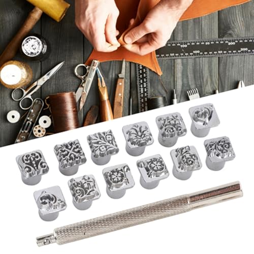 12PCS Leather Stamping Tools, 12 Patterns Zinc Alloy Leather Craft Stamps Punch Set Tool, Flower Design Leather Stamper for Leather Craft DIY Jewelry Marking