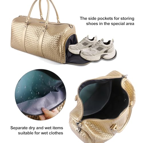 Weekender Bags for Women Woven Leather Travel Duffle Bag Gym Tote (Gold) | Carry On Bag for Men with Shoe Compartment Dry and Wet Separation - color: Gold