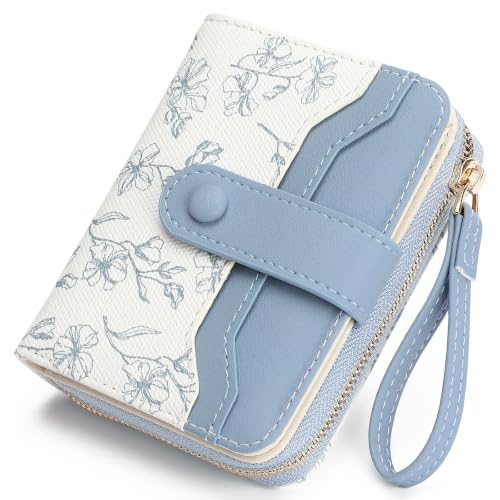 GAEKEAO Womens Wallet Slim Thin RFID Blocking Floral Leather Card Holder Bifold Long Ladies Wallet with Zipper Pocket - color: B03-Blue & White