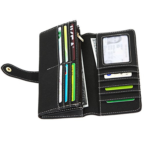 Women's Vegan Leather 17 Card Slots Card Holder Long Big Bifold Wallet - color: Black