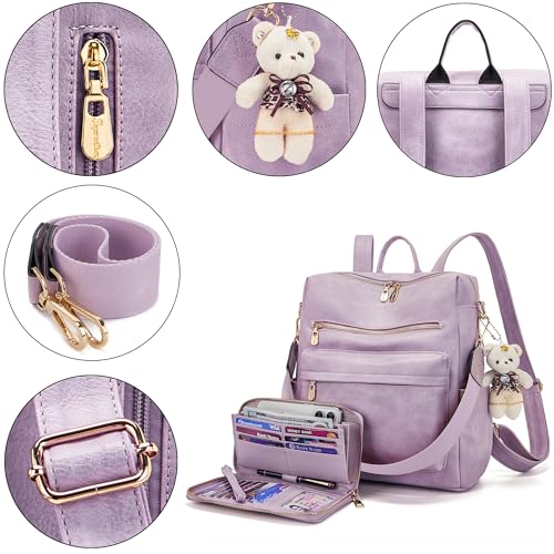 Soperwillton Women Backpack Purse Shoulder Handbags Travel Bag Set 2pcs | Soft PU Leather,Large Capacity,Many Pockets,with a Functional Wallet,with a Detachable Shoulder Strap,Multipurpose Design - color: Lightpurple
