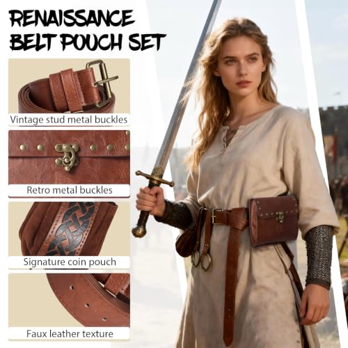 Renaissance Belt Pouch Medieval Pirate Costume Accessories Set for Cosplay | Viking Faux Leather Waist Bag, Skirt Hike Clips, Perfect for Women and Men Ren Faire, LARP, Fantasy, Halloween - color: Brown-D