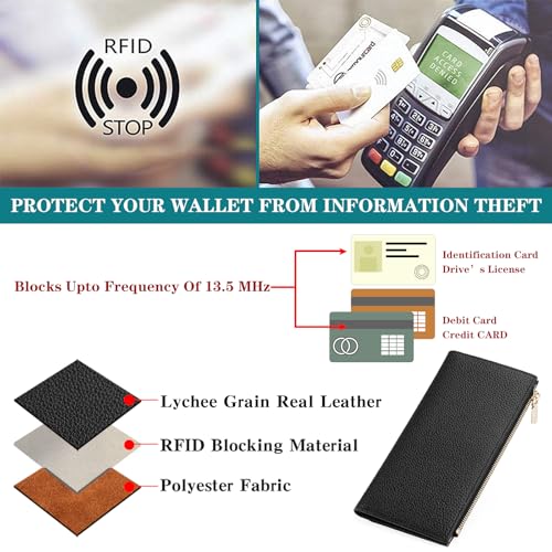 GOIACII Slim Wallet for Women Rfid Blocking Credit Card Holder with Zip Pocket Bifold Vegan Pebble Leather Black - color: C02 Black