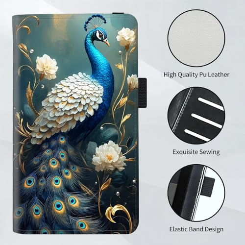 Checkbook Cover for Women and Men, RFID Blocking PU Leather Checkbook Holder Wallet Case with Elastic Strap & Multiple Card Slots, for Checks and Cards, Hummingbird Among Blooms - color: Peacock with Golden Vines