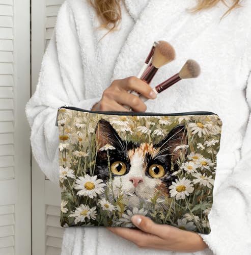 Cute Cat Floral Makeup Bag for Women,Cats Lover Lady Mom Grandma Gifts,Gifts for Women Cat Lovers, Calico Cat Daisy Kitten Zipper Makeup Pouch,Spring Holiday Toiletry Bag - color: Cute Cat