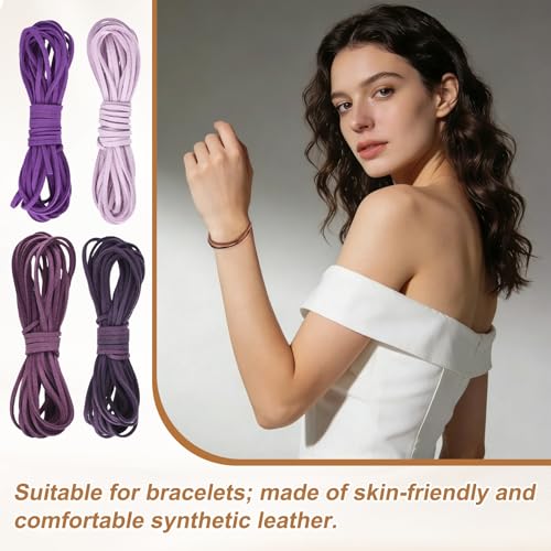 MECCANIXITY 4 Pcs Suede Cord, 5.5 Yards Flat Faux Leather Cord Soft Durable Leather String with Silver Closed-Mouth Ring Rope Clip Lobster Clasps for Art Craft, Purple Series - color: Purple Series