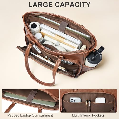 15.6 Inch Laptop Tote Bag for Women Large Leather Shoulder Bag Handbags Purses with Detachable Shoulder Strap - color: Brown