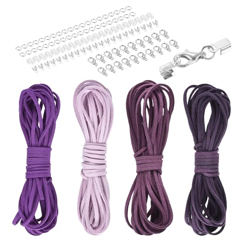 MECCANIXITY 4 Pcs Suede Cord, 5.5 Yards Flat Faux Leather Cord Soft Durable Leather String with Silver Closed-Mouth Ring Rope Clip Lobster Clasps for Art Craft, Purple Series - color: Purple Series