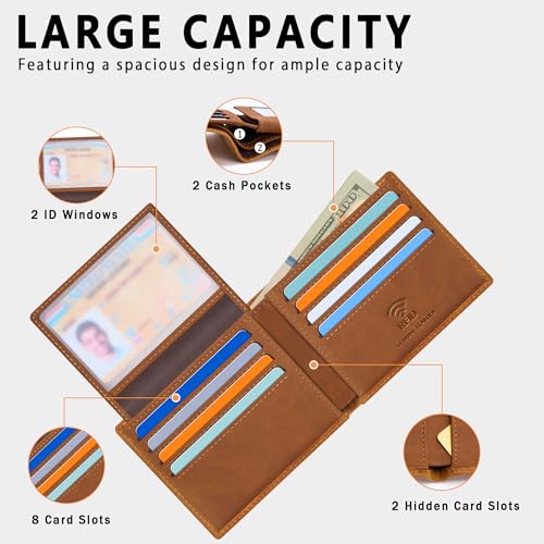 Travelambo Genuine Leather Wallet for Men with Gift Box - Handmade Bifold Stylish - Mens Wallets Rfid Blocking with 2 ID Windows - color: Craze Horse Khaki