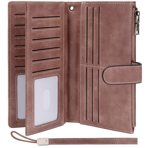 XINNSTAR Womens Wallet RFID Blocking Large Capacity Credit Card Holder Long Purses for Women with Wristlet Pocket ID Window - color: Light Brown