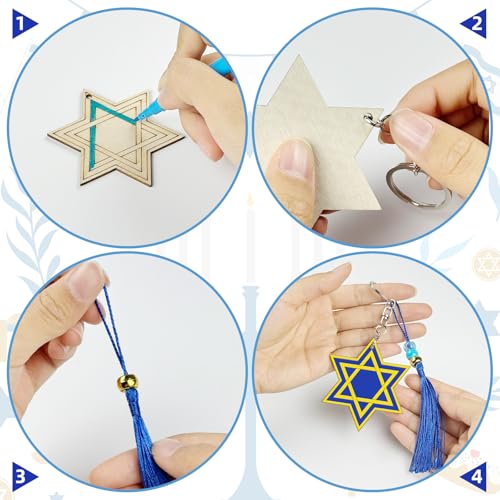 Cinrobiye 24 Set Hanukkah Craft Kits Chanukah Keychains Kits Festival of Light Party Favors DIY Jewish Wooden Paint Keychains Gifts for Christmas Holiday Sunday School Classroom Home Activity Supplies - style: Hanukkah