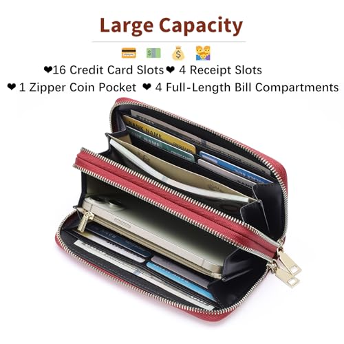 GOIACII Women's Wallet RFID Blocking Leather Wristlet | 2 Zip Around, Large Capacity, Credit Card Holder, Ladies Phone Clutch Purse - color: A05 Red