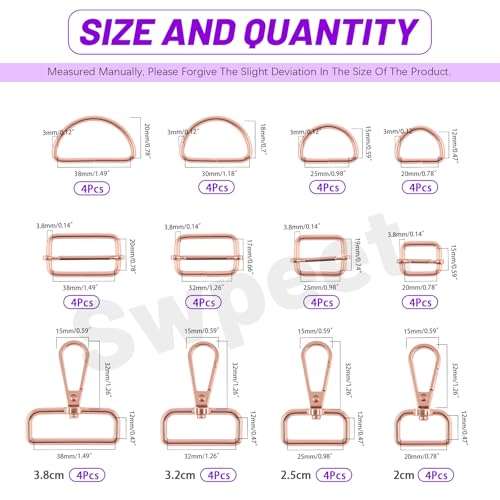 Swpeet 48Pcs 4 Sizes Rose Gold Metal D Ring & Rectangle Adjuster Triglides Slides Buckle & D Ring Swivel Lobster Clasp Kit, Semi-Circular D Rings Roller Pin Buckles Swivel Snap Hook for Belt - color: Rose Gold