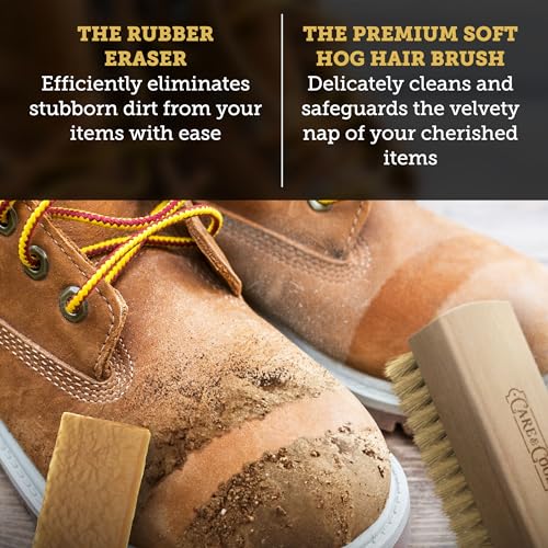Care & Cool Suede & Nubuck Cleaning Kit, Hog Hair Brush & Eraser, 2-Piece | Lift Dirt, Erase Marks & Revive Nap with Dry Care; 100% Hog Hair Brush & Rubber Eraser; For Shoes, Boots, Bags & Jackets