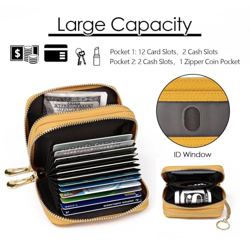imeetu Rfid Credit Card Holder, Businese Card Case, Wallet for Women Men | Genuine Leather Card Wallet with id Window, Keychain & Double Zipper, Water-resistan Small Wallet with Gift Box, Daily Travel - color: Max - Yellow