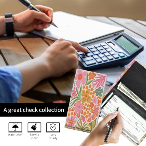 Checkbook Cover for Personal Checkbook, Cute Pu Leather Check Book for Women & Men, Slim Checkbook Holder with Pen Holder and Built-in Clear Plastic Divider, Retro Floral - color: Retro Floral