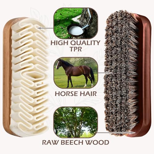 Horsehair Brush & Suede Shoe Brush,Soft Bristles Shoe Cleaning Brush for Polishing Leather, Portable Horse Hair Shine Brush for Boots Handbags Coats Sofa Furniture(2 PCS)