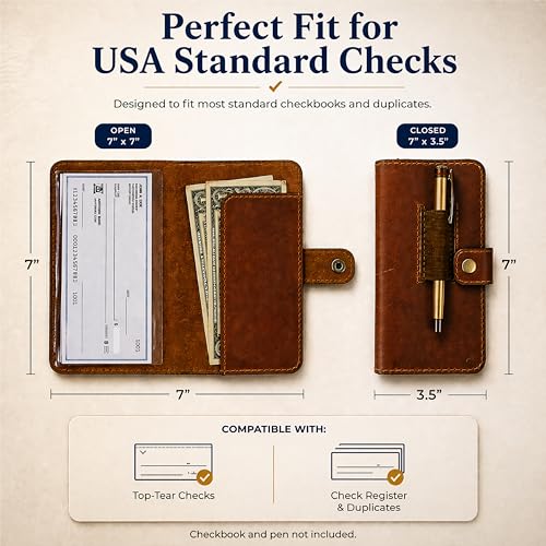 Genuine Tan Leather Checkbook Cover - Handmade Check Holder with Divider & ID Window, Slim Organizer Wallet for Business, Travel & Everyday Use, 3.5 x 7 inch - color: Tan Leather Checkbook Cover