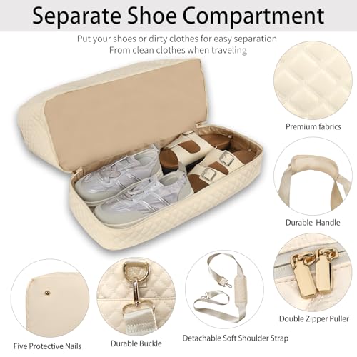 Stuery Weekender Bags for Women with Toiletry Bags: Large Overnight Bags Travel Duffel Bag Carry On Shoulder Weekend Tote with Shoe Compartment and Wet Pocket for Girls Airplane Traveling,Beige White - color: C-3PCS Beige White