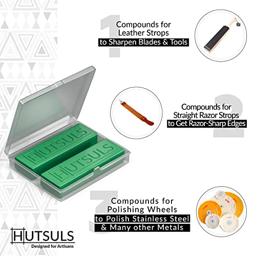 Knife Stropping Compound With Case - (2-Pack, 5 Oz Total) for Razor-Sharp Edges, Green Buffing Bars Easy to Use With Leather Strop Guide
