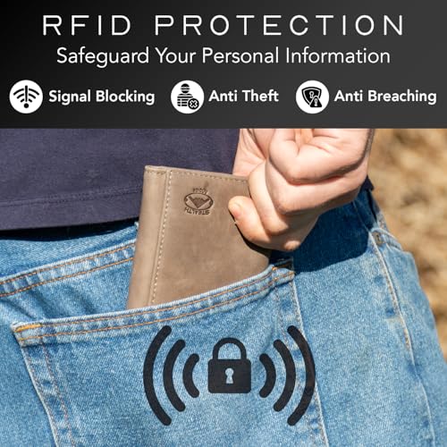 Stealth Mode Trifold Leather Wallet for Men with RFID Blocking (Grey) | Top Grain Napa Leather, 9 Card Slots, ID Window, Gift Box – Gift for Dad, Husband, or Son - color: Grey