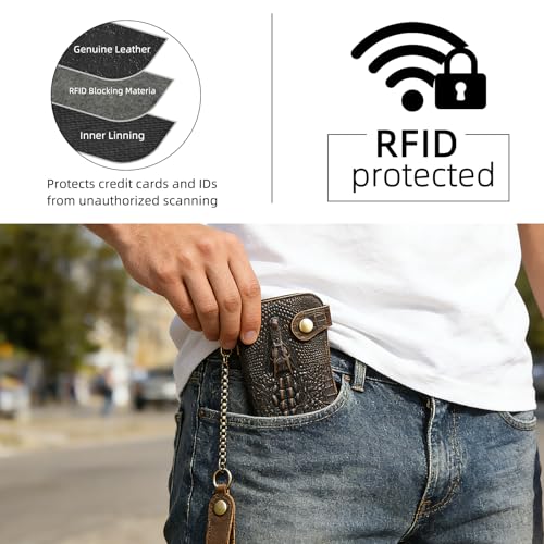 Genuine Crazy Horse Leather Travel Gift Coin Pocket Card Case Long Organizer Chain Rfid Wallet Purse With Snap For Men Male 1088 (1088 Dark Brown-Crocodile) - color: 1088 Dark Brown-Crocodile