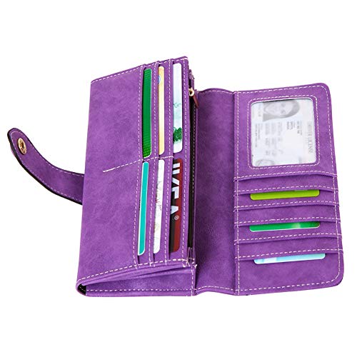 Women's Vegan Leather 17 Card Slots Card Holder Long Big Bifold Wallet - color: Purple
