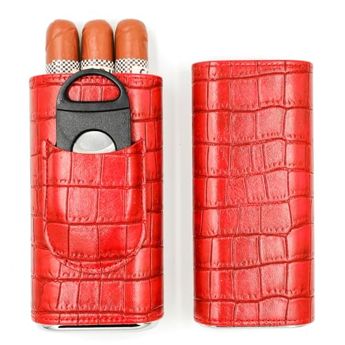Red Leather Cigar Case with Cigar Cutter for Women | Travel Cigar Pouch & Holder, Brown, Faux Leather - color: red