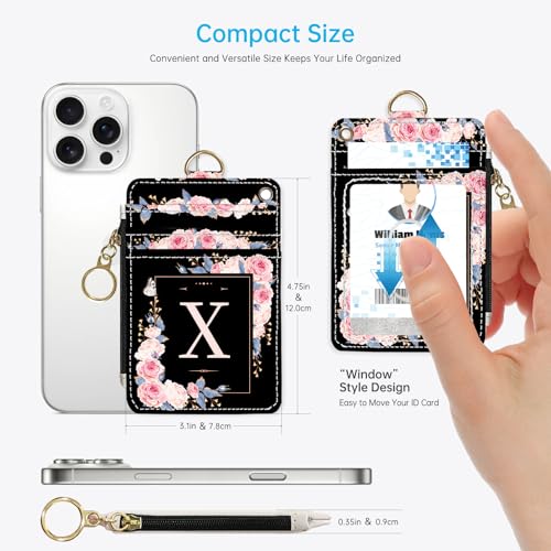 A-Z Letter 2-in-1 ID Badge Holder & Lanyard Wallet for Teachers,Nurse,Professionals-Cute Zippered Coin Pouch,Removable Wristlet & Neck Lanyard,5 Card Slots Stylish Work Essential X - color: X